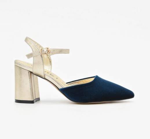 ZAPATO TERCIOPELO MARINO Y TACÓN DORADO
