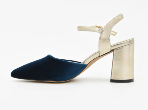ZAPATO TERCIOPELO MARINO Y TACÓN DORADO