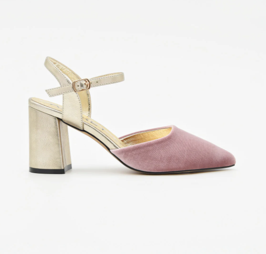 ZAPATO TERCIOPELO ROSA Y TACÓN DORADO