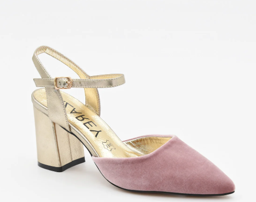 ZAPATO TERCIOPELO ROSA Y TACÓN DORADO