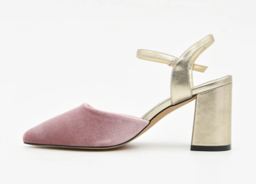 ZAPATO TERCIOPELO ROSA Y TACÓN DORADO