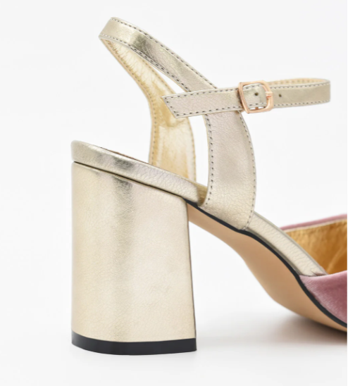 ZAPATO TERCIOPELO ROSA Y TACÓN DORADO