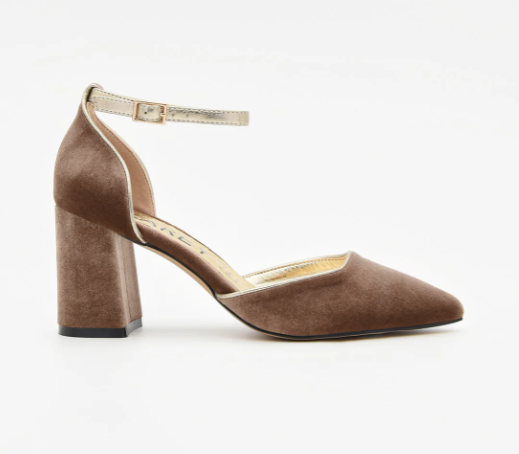 ZAPATO TERCIOPELO TAUPE CON RIBETE DORADO