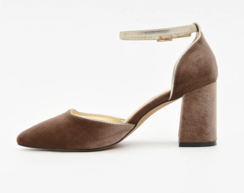 ZAPATO TERCIOPELO TAUPE CON RIBETE DORADO